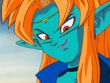 a close up of a cartoon character with long blonde hair and blue eyes