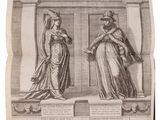 an old book with a drawing of two women standing next to each other
