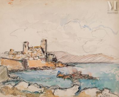 dessin représentant un château sur une côte rocheuse, avec un bateau dans l'eau