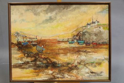 a painting of a painting of boats in the water