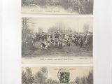 two pictures of a group of people riding horses in a field