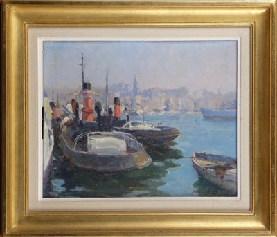 une photo d'un tableau représentant des bateaux amarrés à un quai