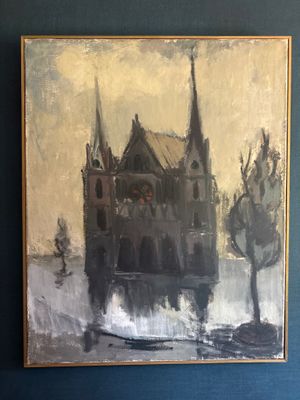 une peinture à l'huile représentant un château au milieu d'un lac