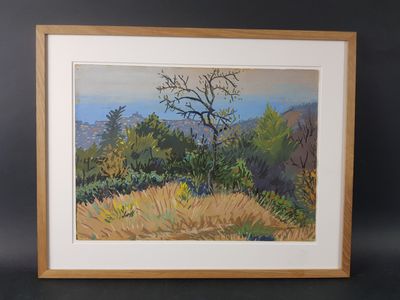 tableau représentant un paysage avec des arbres et des buissons, dans un cadre en bois