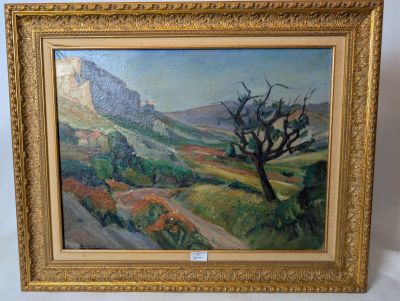 a painting of a landscape with a tree and mountains in the background