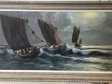 un tableau représentant deux bateaux naviguant sur l'océan