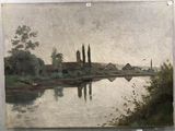 an image of a painting of a river with a church in the distance