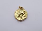 a close up of a gold coin on a white surface