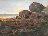 une peinture à l'huile représentant des rochers sur un rivage rocheux, avec un voilier au loin