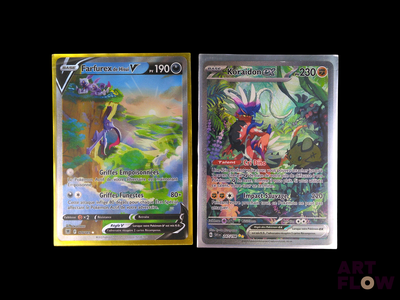 two pokemon cards are shown side by side on a black background