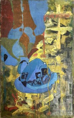 une peinture à l'huile représentant un chapeau bleu et un vase bleu posés sur une table