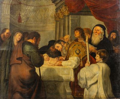 painting of a group of people gathered around a baby in a crib
