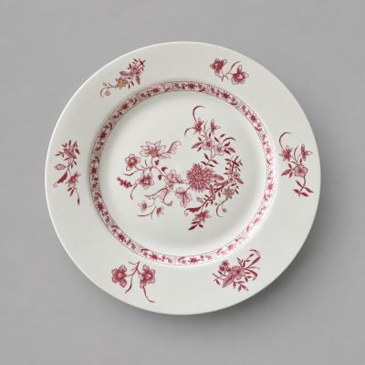 une assiette rouge et blanche ornée d'un motif floral