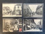 several old black and white photos of people walking down a street