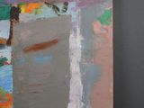 an abstract painting of a building with a clock on top of it
