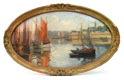 a picture of a painting of boats on the water