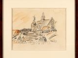 drawing of a church with a man and a dog in front of it
