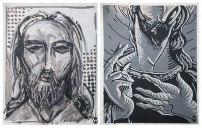 two paintings of jesus and a demon are shown in black and white