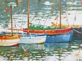 painting of a group of boats floating on top of a body of water