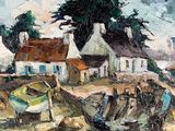 une peinture représentant une peinture d'un bateau sur l'eau