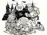 cartoon drawing of a man and a robot with a sign in front of a city