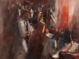 an oil painting of a group of people playing instruments in a room
