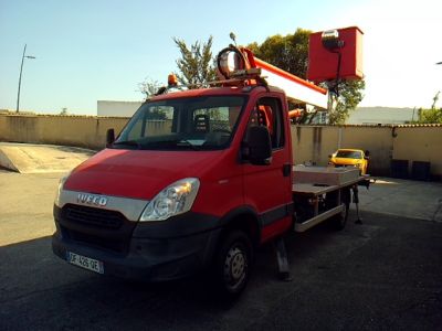 a red truck with a crane on the back of it