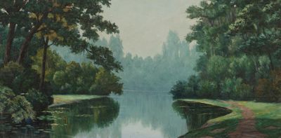 a painting of a river running through a forest