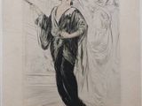 a black and white drawing of a woman in a black dress