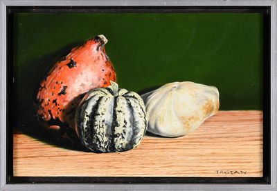a painting of three different types of pumpkins on a table