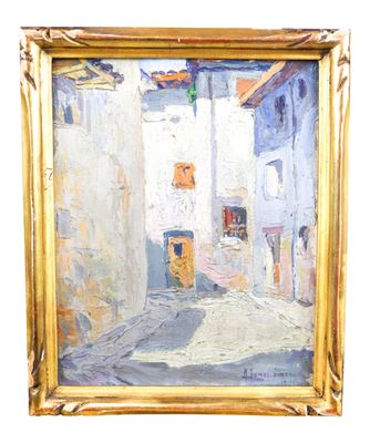 an oil painting of a street scene in a gold frame