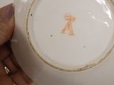 a person holding a white bowl with a brown design on it