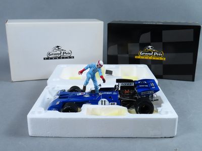 une image représentant une voiture de course bleue avec un homme assis dessus