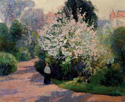 tableau représentant une femme marchant sur un sentier dans un parc