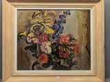 an oil painting of flowers in a vase on a table
