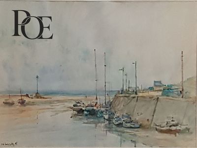 un tableau représentant un port avec des bateaux amarrés au bord de l'eau