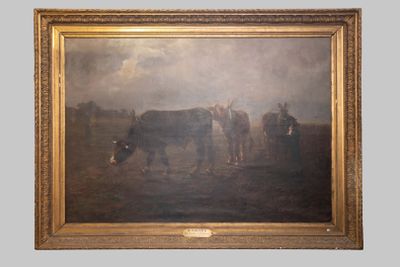 an oil painting of a couple of horses grazing in a field