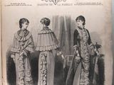 an old fashion book with a picture of three women in dresses