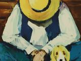 a painting of a man sitting on a bench with a dog