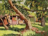 une peinture à l'huile représentant une maison dans un champ, avec un arbre au premier plan