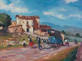 painting of a painting of people walking down a dirt road with a horse drawn carriage
