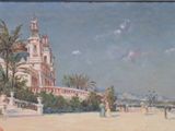 painting of a large building with a clock tower on top of it