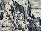 drawing of a mountain landscape with a castle in the distance