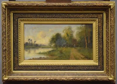 an image of a painting of a river with trees in the background
