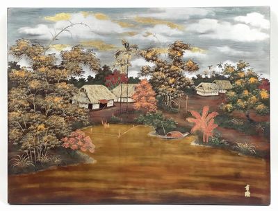 painting of a landscape with a river and a village in the distance
