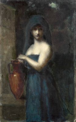 tableau représentant une femme en robe bleue tenant un vase
