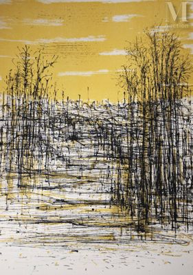 tableau représentant des arbres dans un champ, avec un ciel jaune en arrière-plan