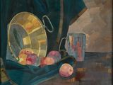 un tableau représentant des pommes et un seau posés sur une table