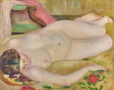 tableau représentant une femme nue allongée sur un lit, avec une chaise en arrière-plan