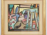 framed painting of a dog and a cat in a room